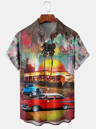 Men Summer Car Hawaii Polyester Lightweight Micro-Elasticity Daily Short sleeve Shirt Collar shirts
