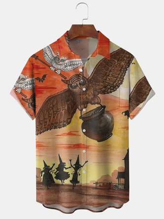 Men's Halloween Print Short Sleeve Hawaiian Shirt with Chest Pocket