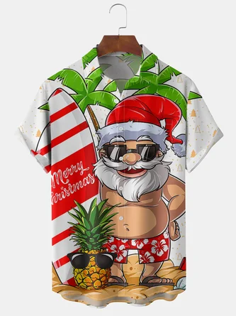 Mens Christmas Santa Surfing Print Front Buttons Soft Breathable Chest Pocket Casual Hawaiian Shirt