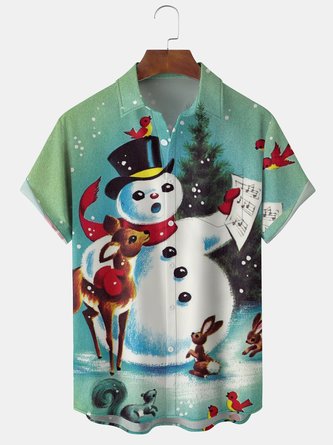 Mens Christmas Snowman Print Front Buttons Soft Breathable Chest Pocket Casual Hawaiian Shirts