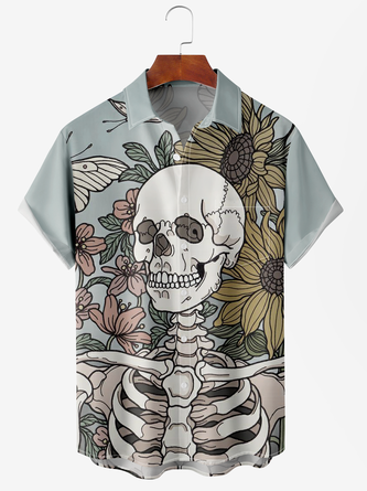 Men's Halloween Floral Print Moisture Wicking Fabric Fashion Lapel Short Sleeve Shirts