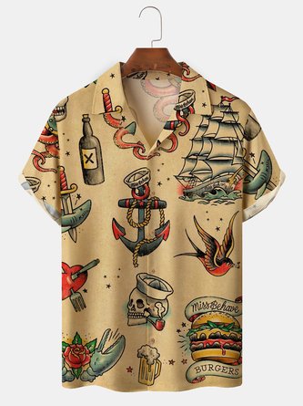 Mens Hawaiian Sailing Print Camp Collar Loose Short Sleeve Funky Hawaiian Shirts