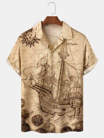 Mens Map Sailing boats Print Camp Collar Loose Short Sleeve Funky Hawaiian Shirt