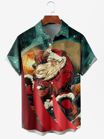 Men's Santa Print Moisture Wicking Fabric Fashion Lapel Short Sleeve Hawaiian Shirt