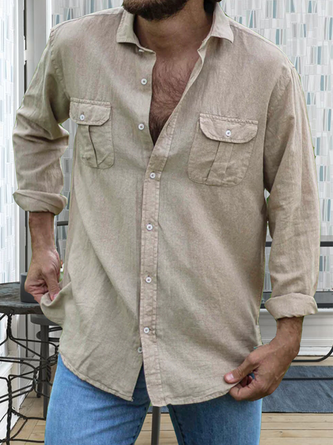 Men Casual Plain Summer Regular Fit Open Front Long sleeve Regular H-Line Shirt Collar shirts
