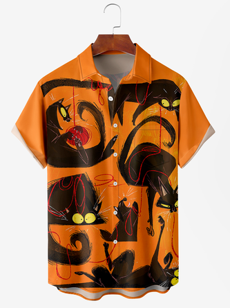 Men's Halloween Cat Print Moisture Wicking Fabric Fashion Lapel Short Sleeve Shirts