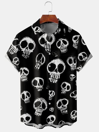 Casual Summer Skull Polyester Lightweight Micro-Elasticity Regular Fit Shawl Collar Regular shirts for Men
