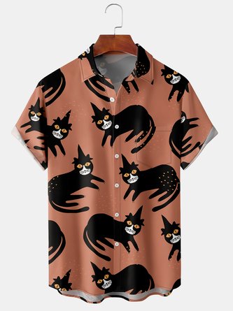 Men Casual Summer Cat Micro-Elasticity Regular Fit Short sleeve Regular H-Line Shirt Collar shirts