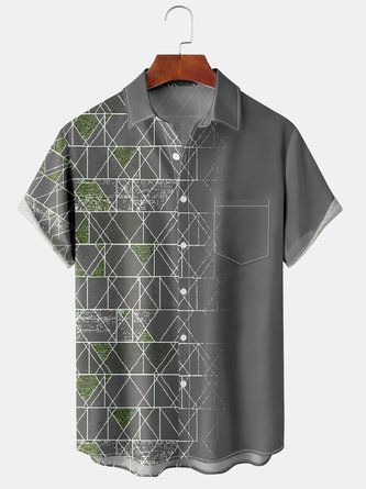 Men Geometric Casual Summer No Elasticity Vacation Regular Fit Short sleeve Shawl Collar H-Line shirts
