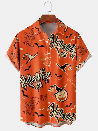 Men Casual Summer Halloween Polyester Micro-Elasticity Party Regular Fit Short sleeve Shawl Collar shirts