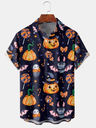 Men Casual Summer Halloween Polyester Micro-Elasticity Party Regular Fit Short sleeve Shawl Collar shirts