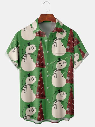 Men Christmas Snowman Casual Winter Polyester Lightweight Regular Fit Short sleeve H-Line Shirt Collar shirts
