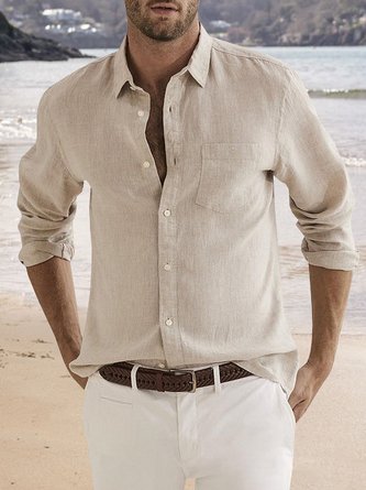 Men Plain Summer Linen No Elasticity Long sleeve Cotton Regular Shirt Collar Regular Size shirts