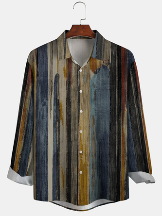 Casual Art Collection Abstract Gradient Vintage Wood Grain Pattern Lapel Long Sleeve Print Shirt Top