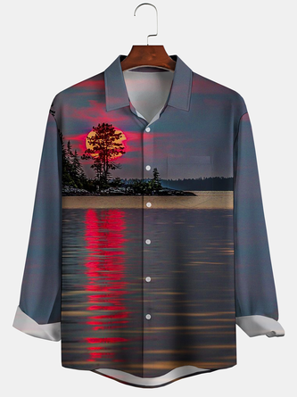 Holiday Style Hawaiian Series Botanical Gradient Color Landscape Element Pattern Lapel Long-Sleeved Printed Shirt Top