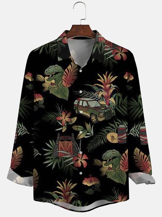 Men's Botanical Print Anti-Wrinkle Moisture Wicking Fabric Fashion Hawaiian Lapel Long Sleeve Shirt