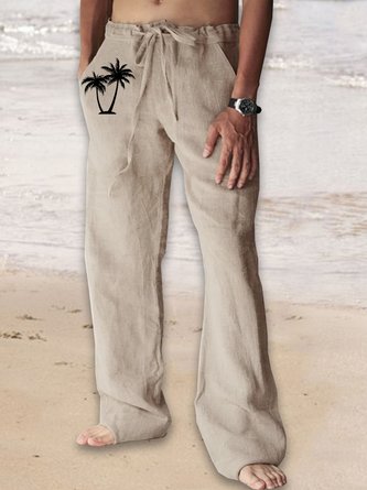 Cotton Linen Hawaiian Print Casual Trousers