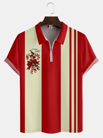 Casual Festive Collection Retro Medieval Geometric Striped Color Block Christmas Elements Pattern Lapel Short Sleeve Polo Print Top