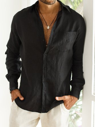 Men's Cotton Linen Casual Pocket Long Sleeve Shirt