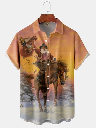 Men's Santa Print Fashion Hawaiian Lapel Short Sleeve Shirt