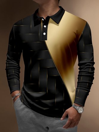 3D Black Gold Geometric Buttons Long Sleeve Polo