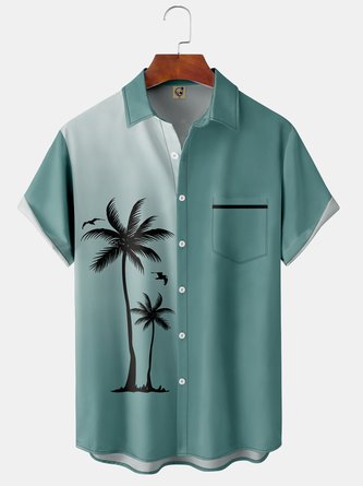 Gradient Coconut Tree Chest Pocket Short Sleeve Shirt