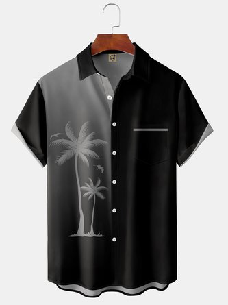 Shirts For Father Gradient Coconut Tree Chest Pocket Short Sleeve Shirt