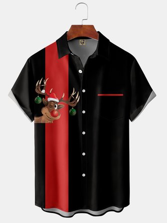 Christmas Reindeer Chest Pocket Short Sleeve Shirt