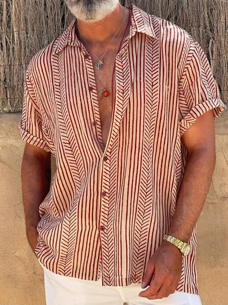 Shirts For Father Retro Striped Chest Pocket Short Sleeve Shirt