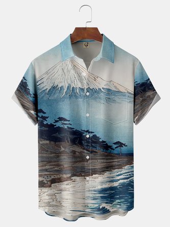 Mount Fuji Scenery Chest Pocket Short Sleeve Hawaiian Shirt