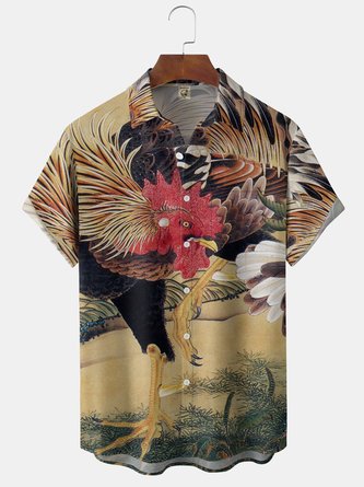 Japanese Art Ukiyoe Cock Chest Pocket Short Sleeve Casual Shirt