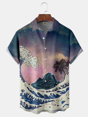 Ukiyo-e Ocean Waves Coconut Tree Chest Pocket Short Sleeve Hawaiian Shirt