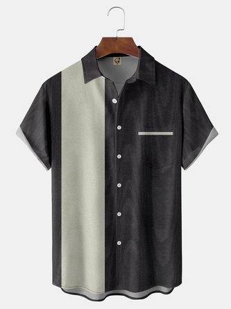 Wood Texture Chest Pocket Short Sleeve Bowling Shirt