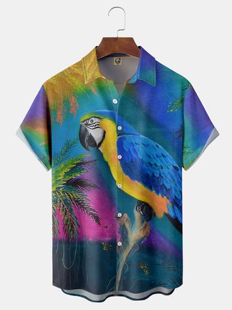 Oil Painting Parrot Chest Pocket Short Sleeve Hawaiian Shirt