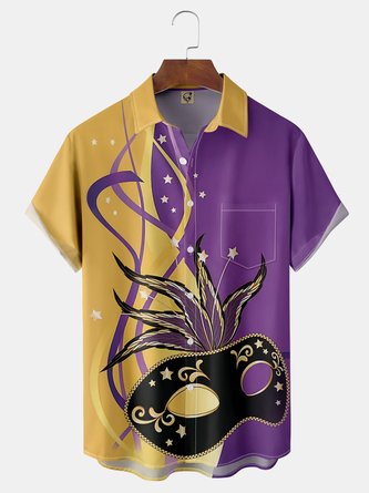 Mardi Gras Carnival Mask Chest Pocket Short Sleeve Casual Shirt