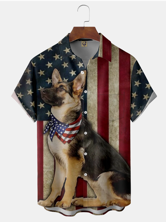 American Flag Dog Chest Pocket Short Sleeve Shirt