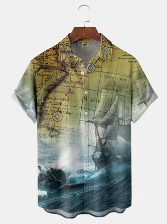 Map Sailboat Chest Pocket Short Sleeve Shirt