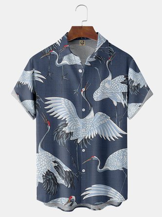 Japanese Ukiyoe Crane Chest Pocket Short Sleeve Hawaiian Shirt