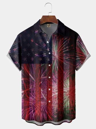 Fireworks American Flag Chest Pocket Short Sleeve Shirt