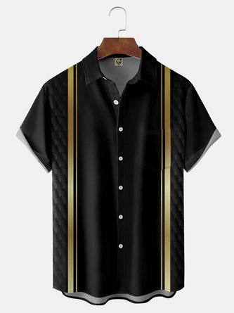 Ombre Black Gold Geometric Chest Pocket Short Sleeve Bowling Shirt
