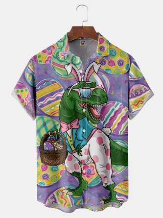 Dinosaur Easter Egg Chest Pocket Short Sleeve Shirt