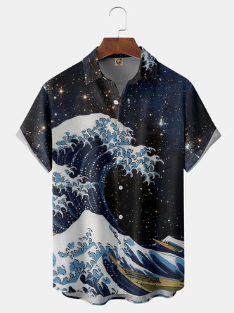 Japanese Ukiyoe Waves Chest Pocket Short Sleeve Hawaiian Shirt