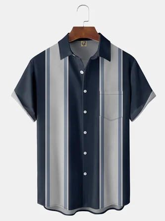 Geometric Stripe Chest Pocket Short Sleeve Bowling Shirt