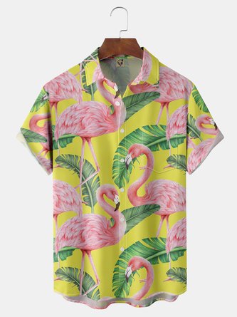 Flamingo Chest Pocket Short Sleeve Hawaiian Shirt