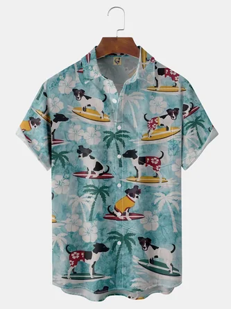 Surfing Dogs Chest Pocket Short Sleeve Hawaiian Shirt