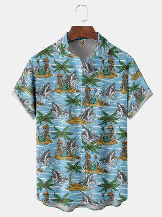 Coconut Tree Skull Chest Pocket Short Sleeve Hawaiian Shirt
