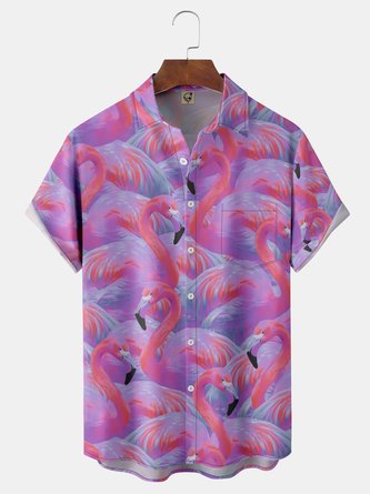 Ombre Flamingo Chest Pocket Short Sleeve Hawaiian Shirt