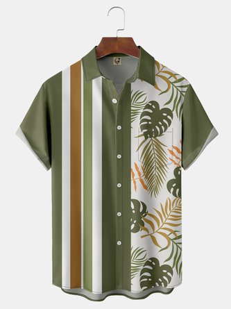 Striped Leaf Chest Pocket Short Sleeve Hawaiian Shirt