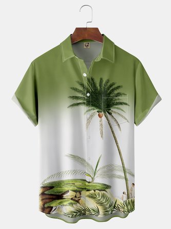 Gradient Coconut Tree Chest Pocket Short Sleeve Hawaiian Shirt
