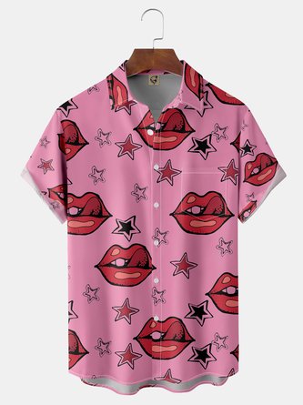 Fun Lips Chest Pocket Short Sleeve Casual Shirt